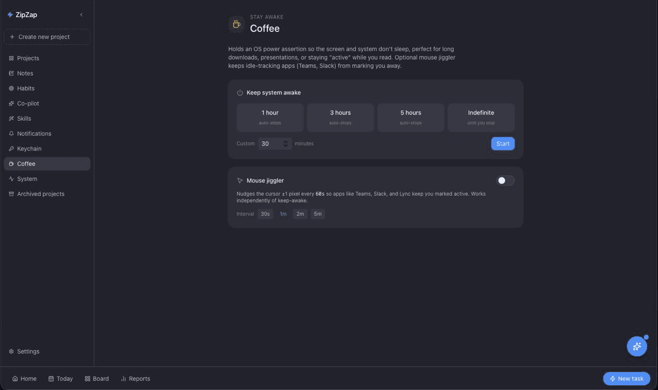 Coffee — stay awake feature